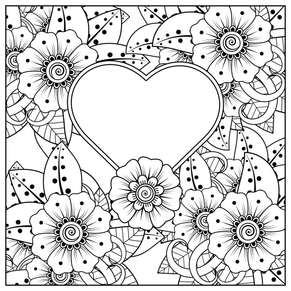 mehndi flower with frame in shape of heart vector