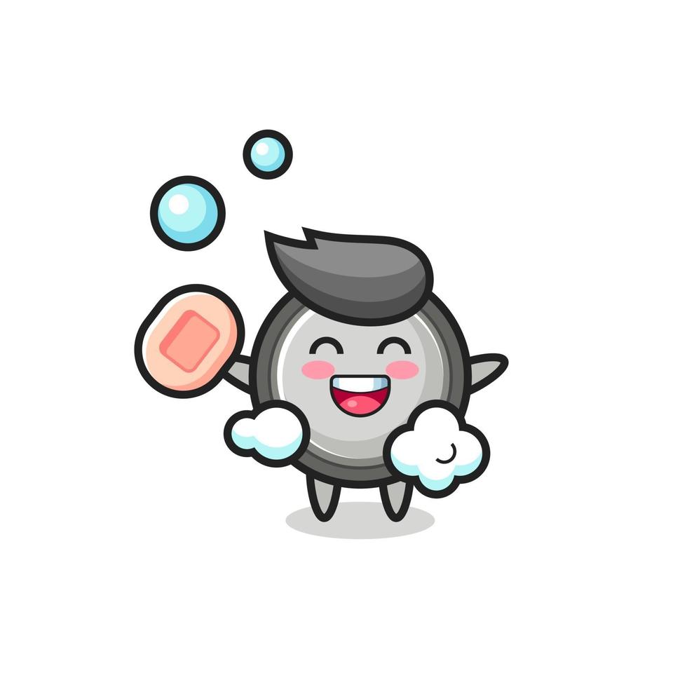 button cell character is bathing while holding soap vector