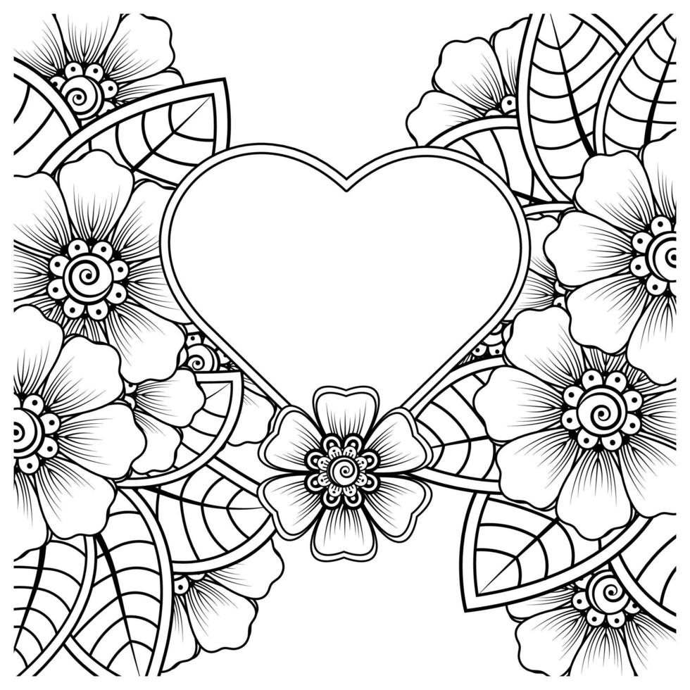 mehndi flower with frame in shape of heart vector