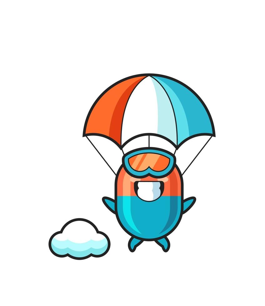 capsule mascot cartoon is skydiving with happy gesture vector