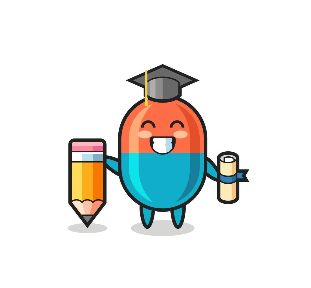 capsule illustration cartoon is graduation with a giant pencil vector