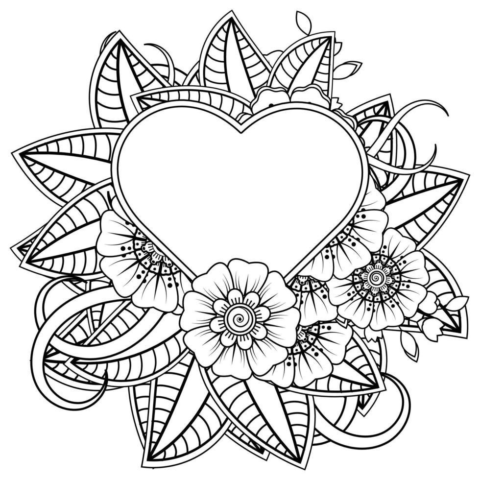 mehndi flower with frame in shape of heart, doodle ornament vector