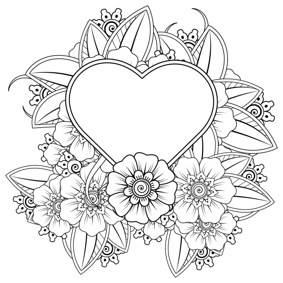 flor mehndi con marco en forma de corazón, adorno de doodle vector