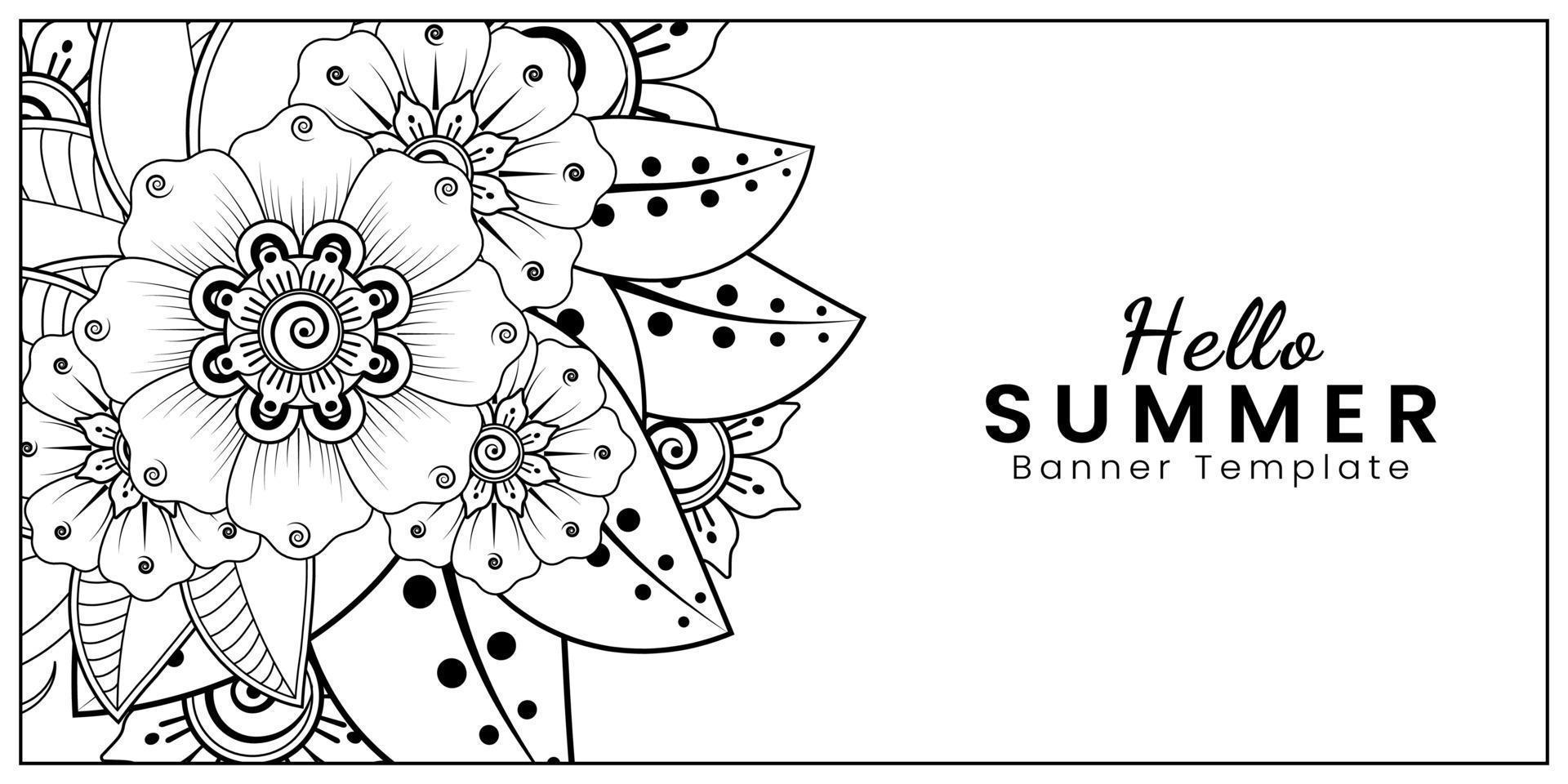 hola plantilla de banner de verano con flor mehndi vector