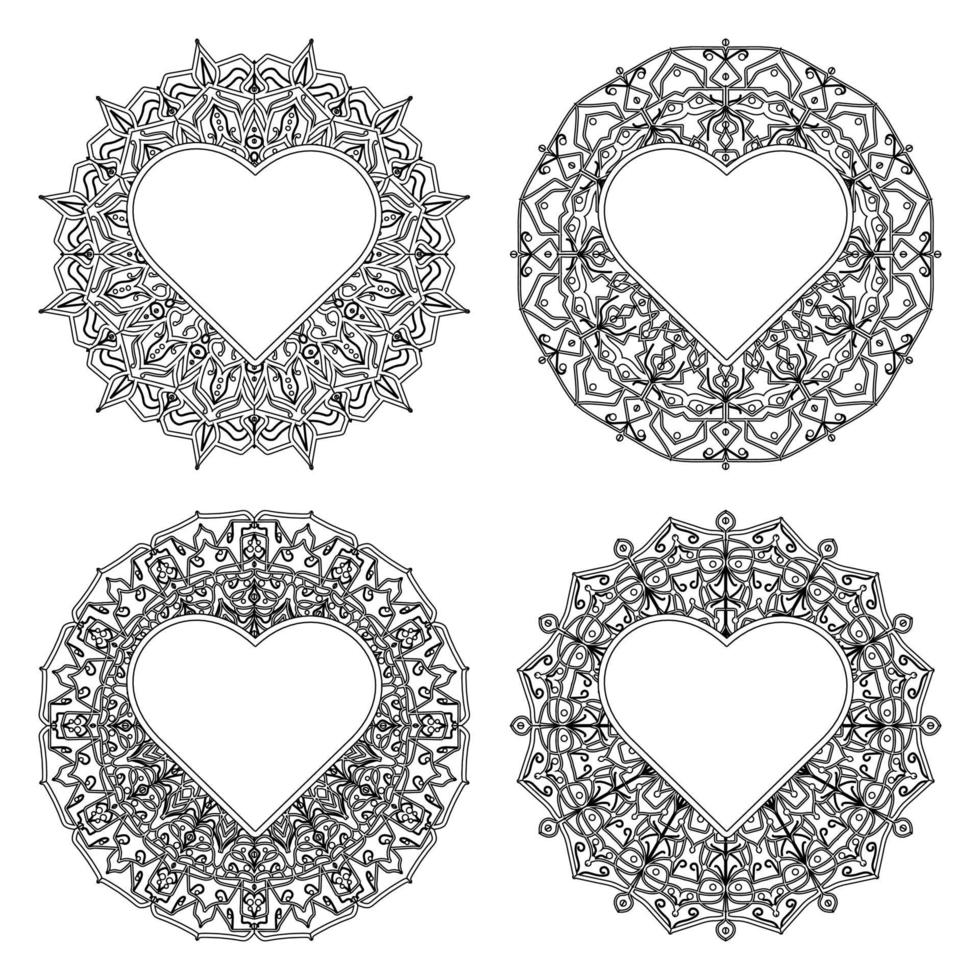 mehndi flower with frame in shape of heart. doodle ornament. vector