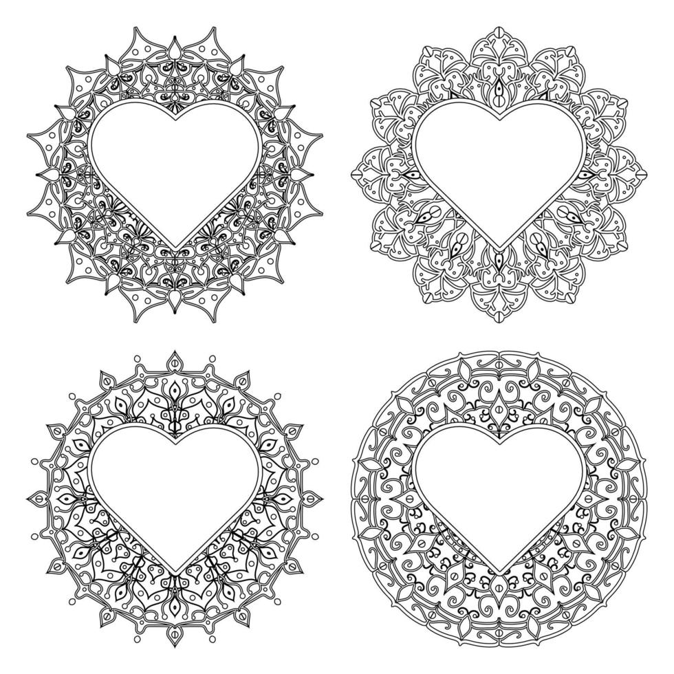 mehndi flower with frame in shape of heart. doodle ornament. vector