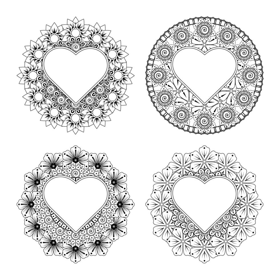 mehndi flower with frame in shape of heart. doodle ornament. vector