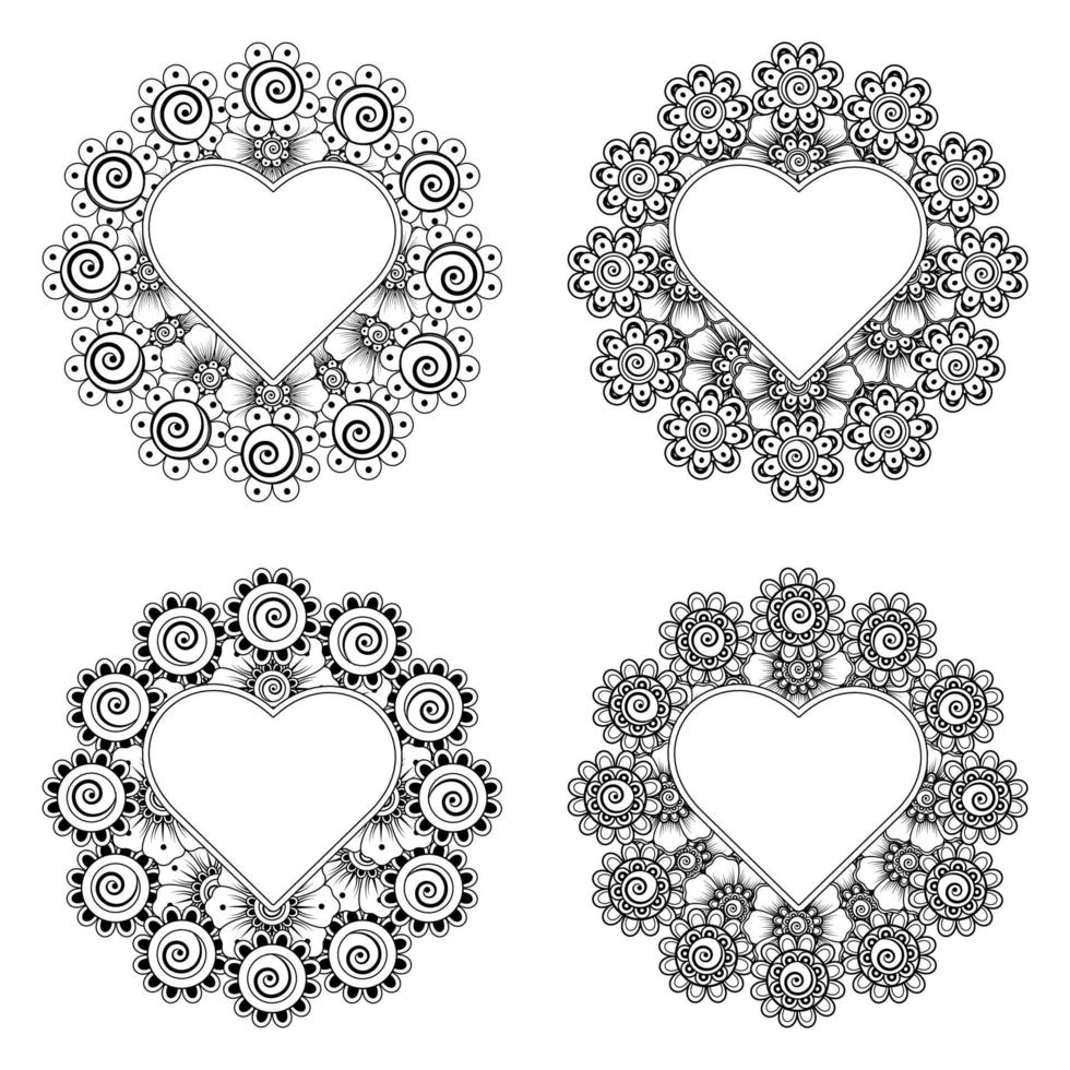 flor mehndi con marco en forma de corazón. ornamento del doodle. vector