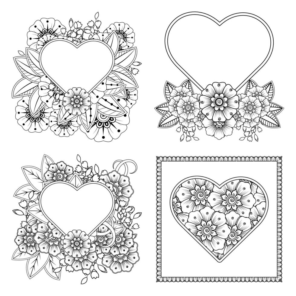 mehndi flower with frame in shape of heart. doodle ornament. vector