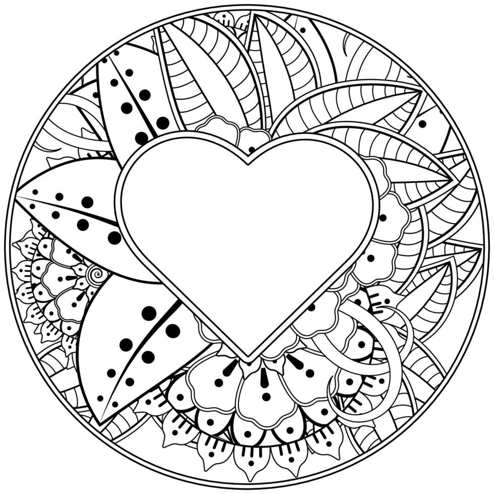 mehndi flower with frame in shape of heart vector