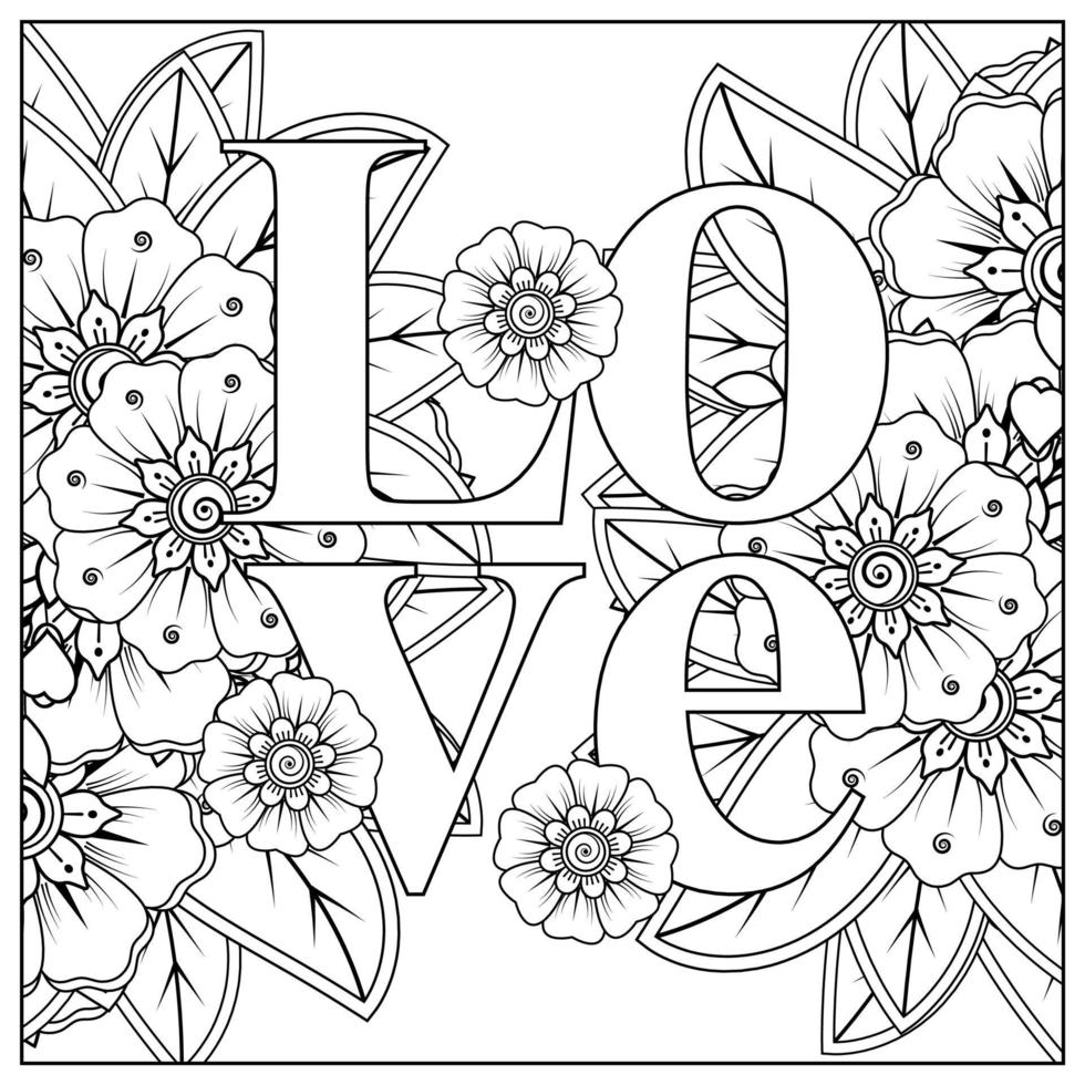 palabras de amor con flores mehndi para colorear página de libro doodle adorno vector