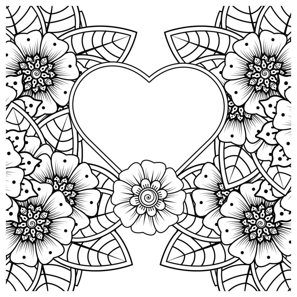 mehndi flower with frame in shape of heart vector