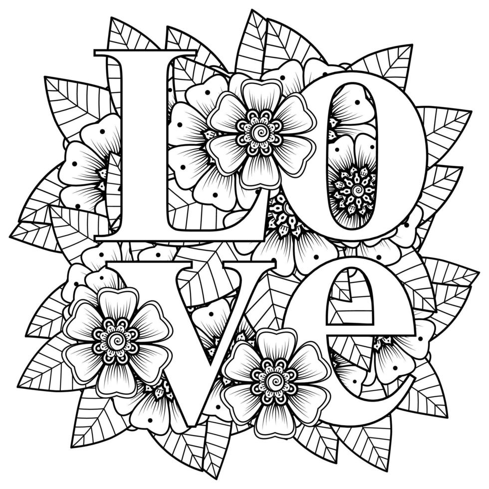 love words with mehndi flowers for coloring book page doodle ornament vector