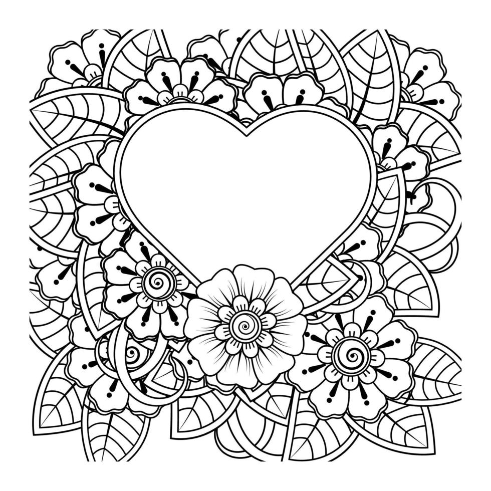 mehndi flower with frame in shape of heart vector