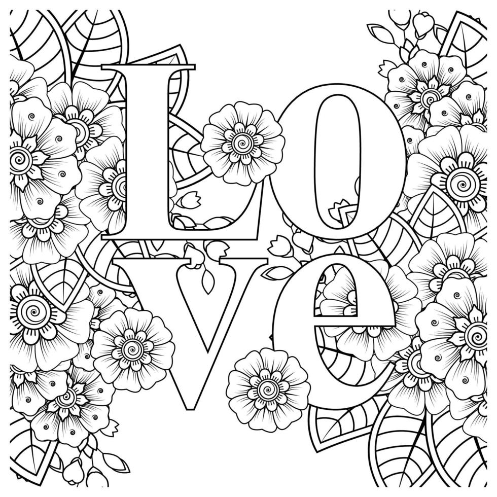 palabras de amor con flores mehndi para colorear página de libro doodle adorno vector