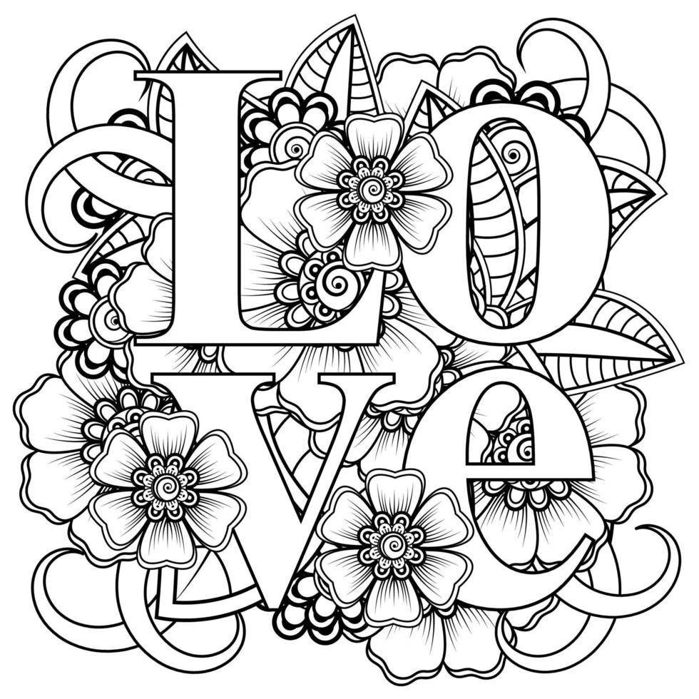 palabras de amor con flores mehndi para colorear página de libro doodle adorno vector