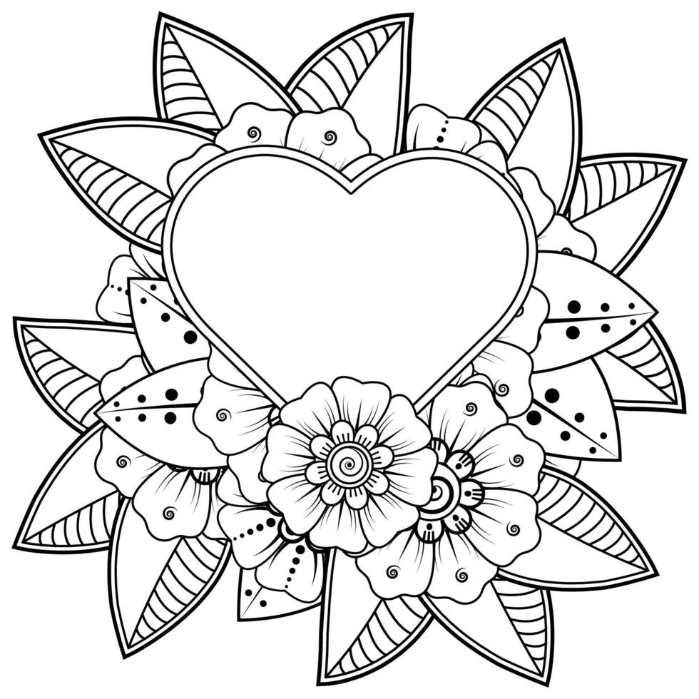 mehndi flower with frame in shape of heart vector