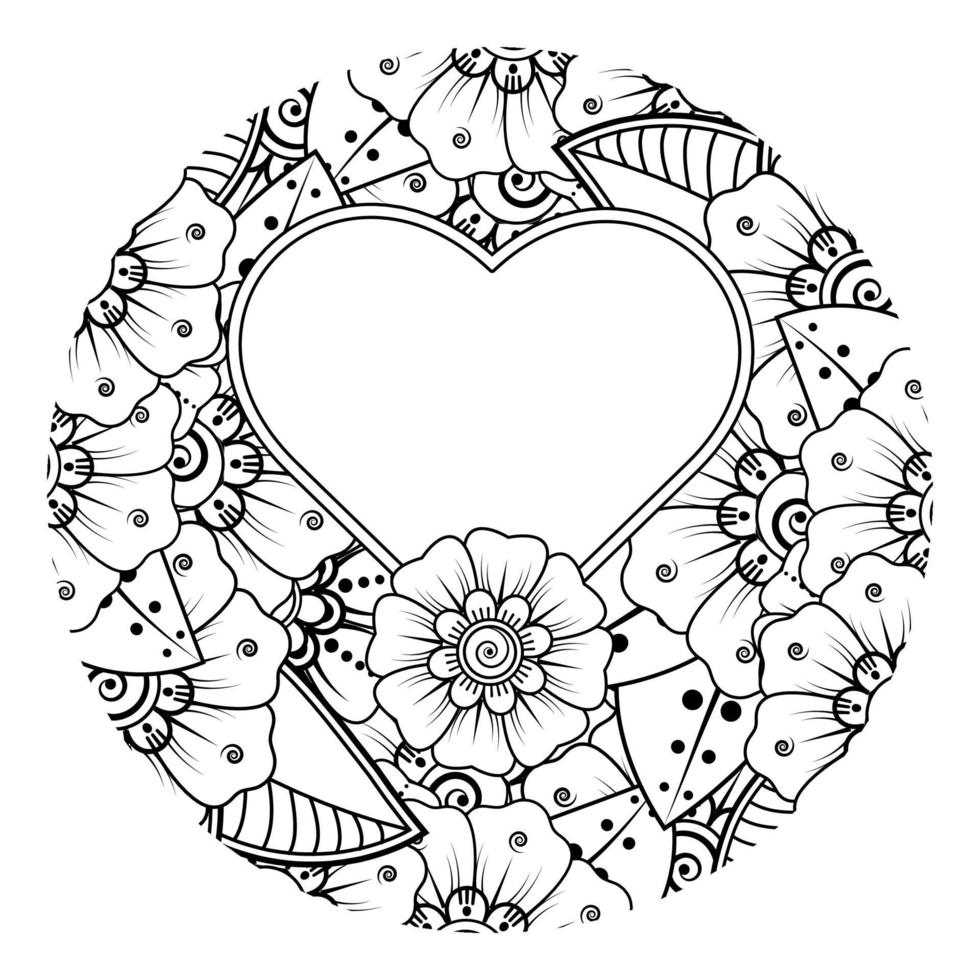 mehndi flower with frame in shape of heart vector