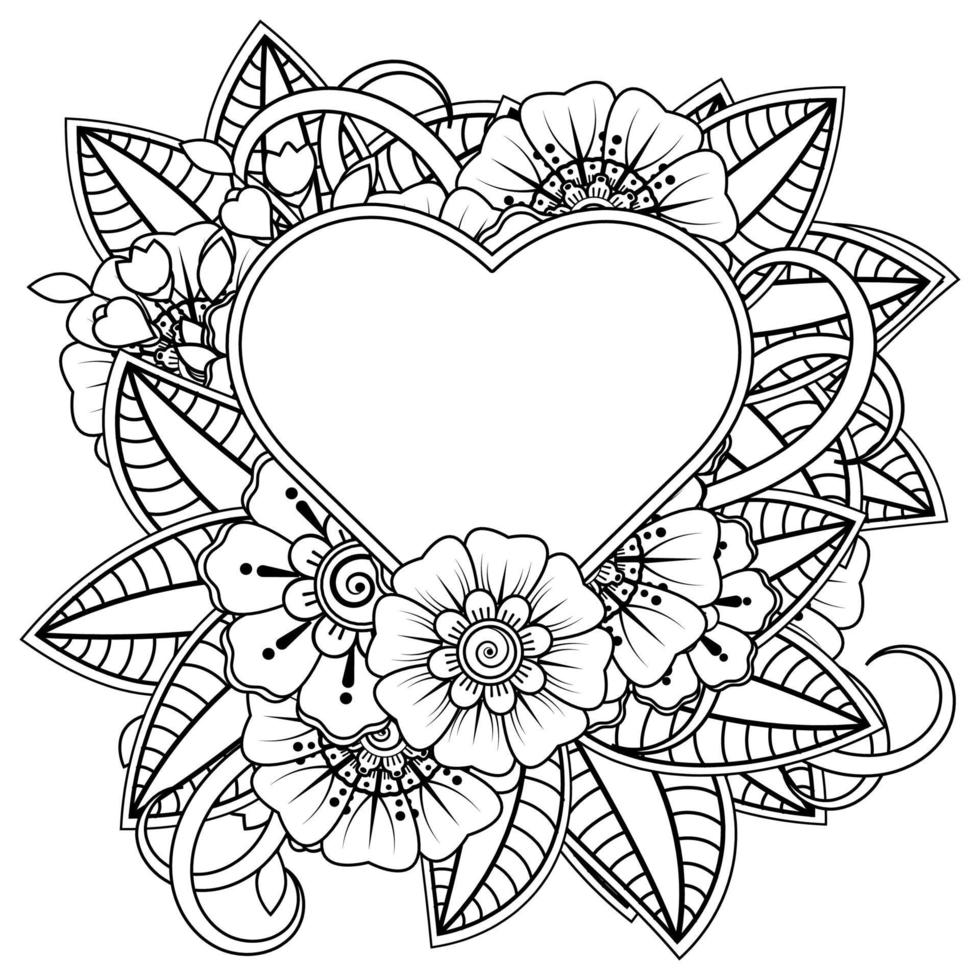 mehndi flower with frame in shape of heart vector