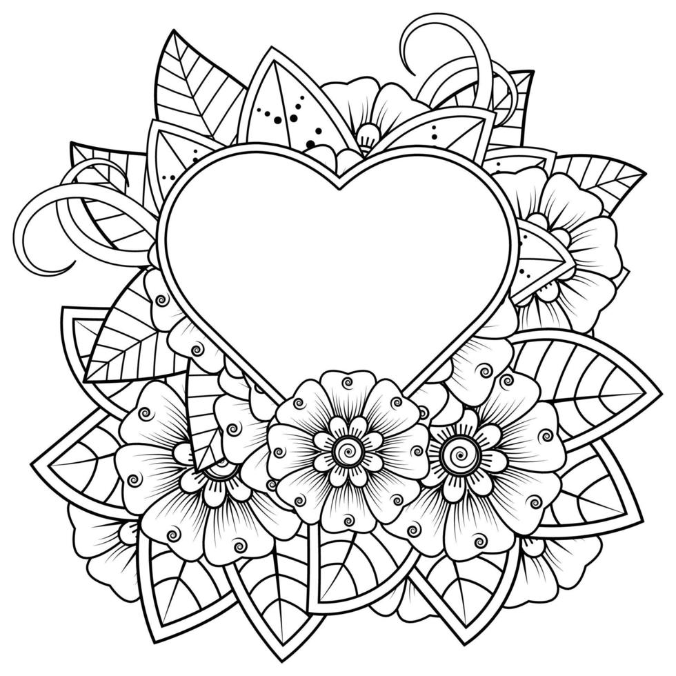 mehndi flower with frame in shape of heart vector