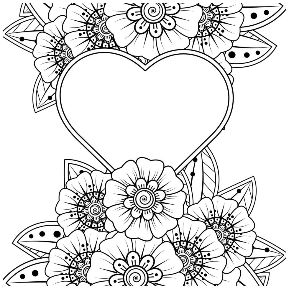 mehndi flower with frame in shape of heart vector