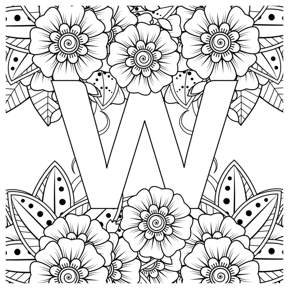 Letter W with Mehndi flower. decorative ornament in ethnic oriental vector