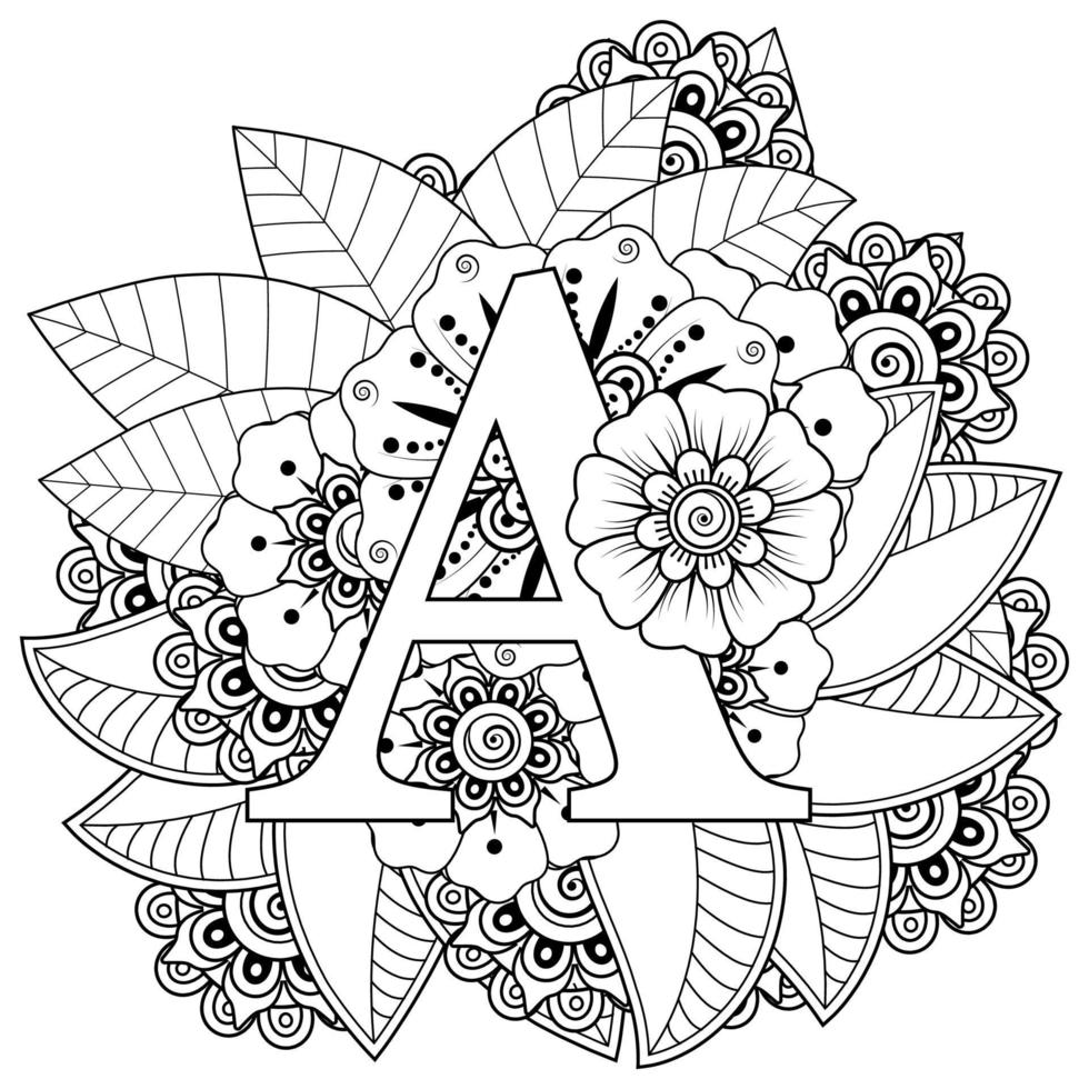 Letter A with Mehndi flower. decorative ornament in ethnic oriental vector