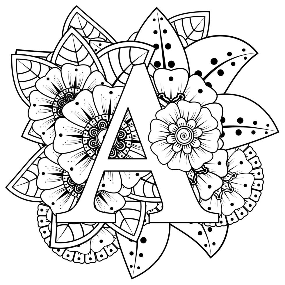 Letter A with Mehndi flower. decorative ornament in ethnic oriental vector