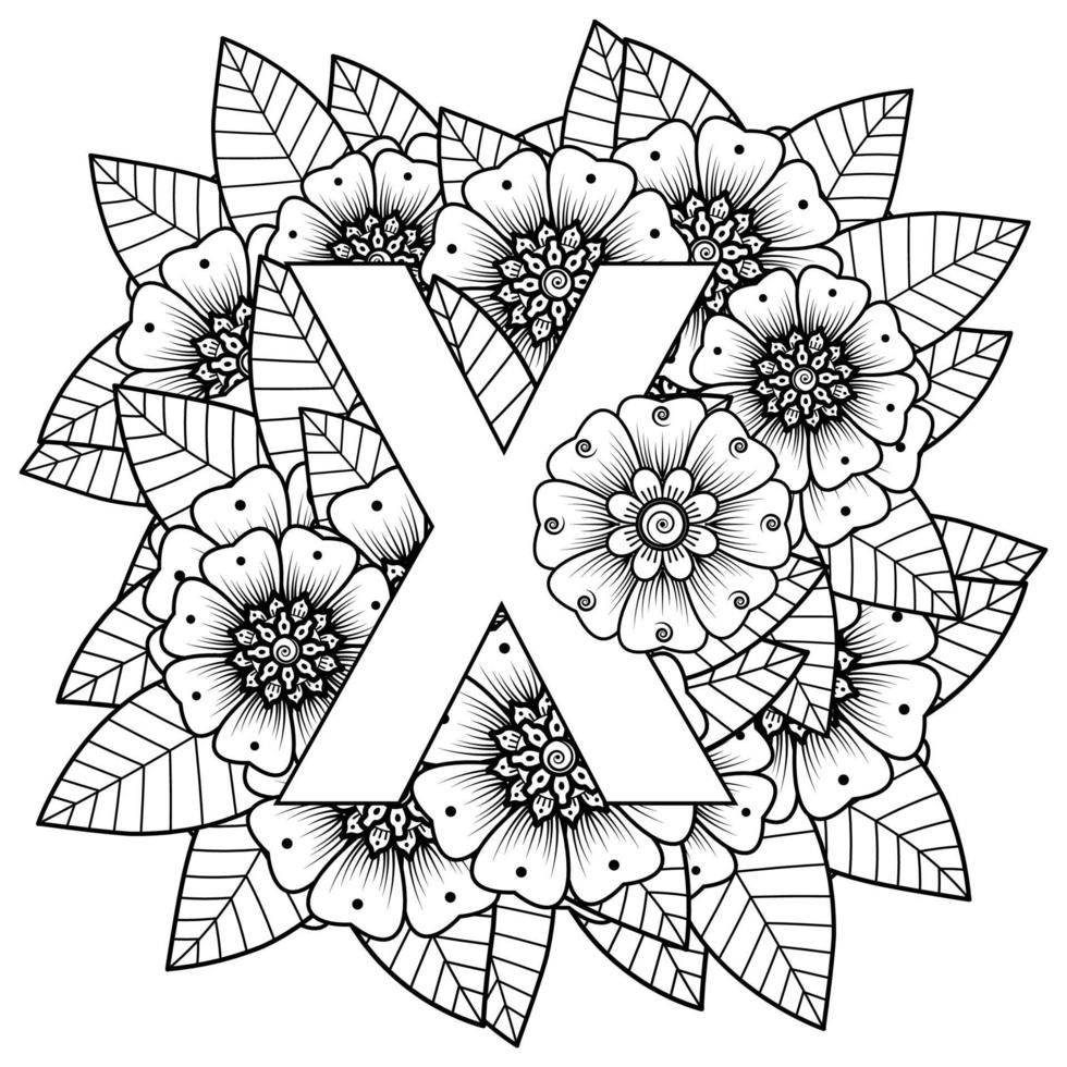 Letter X with Mehndi flower. decorative ornament in ethnic oriental vector