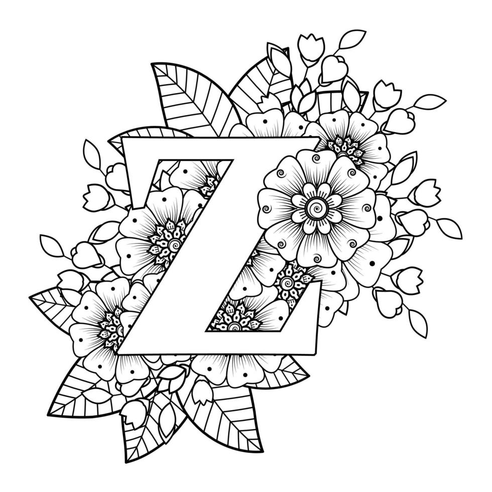Letter Z with Mehndi flower. decorative ornament in ethnic oriental vector