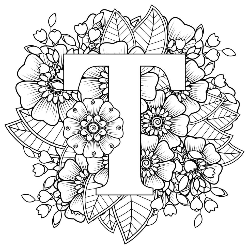 Letter T with Mehndi flower. decorative ornament in ethnic oriental vector