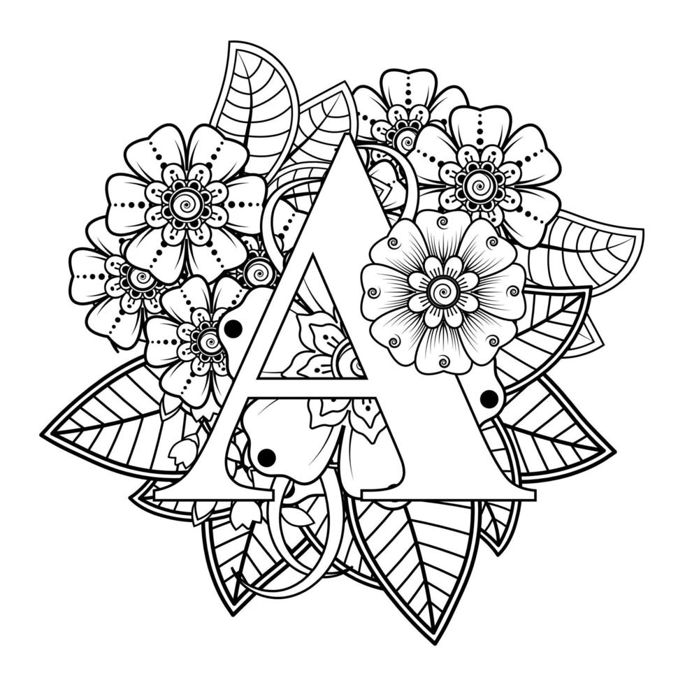 Letter A with Mehndi flower. decorative ornament in ethnic oriental vector
