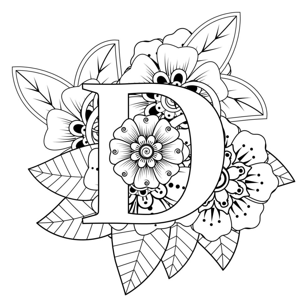 Letter D with Mehndi flower. decorative ornament in ethnic oriental vector