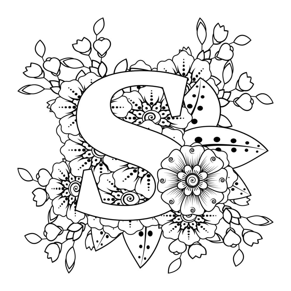 Letter S with Mehndi flower. decorative ornament in ethnic oriental vector