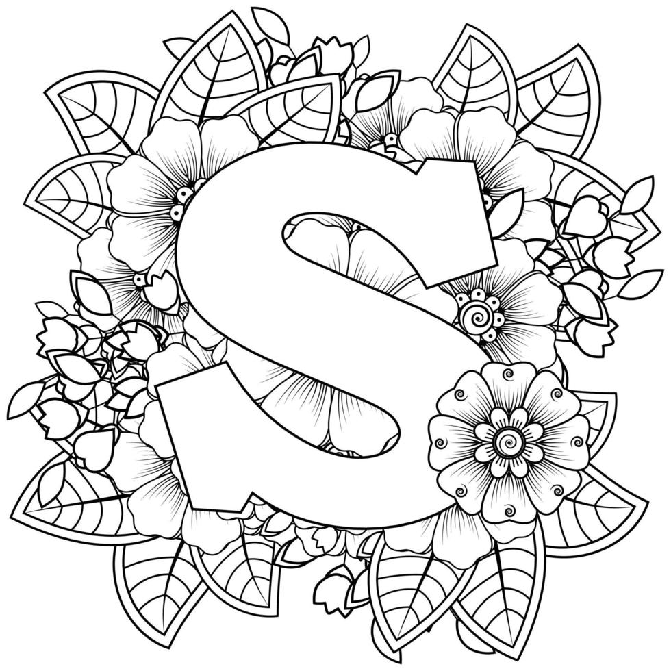 Letter S with Mehndi flower. decorative ornament in ethnic oriental vector