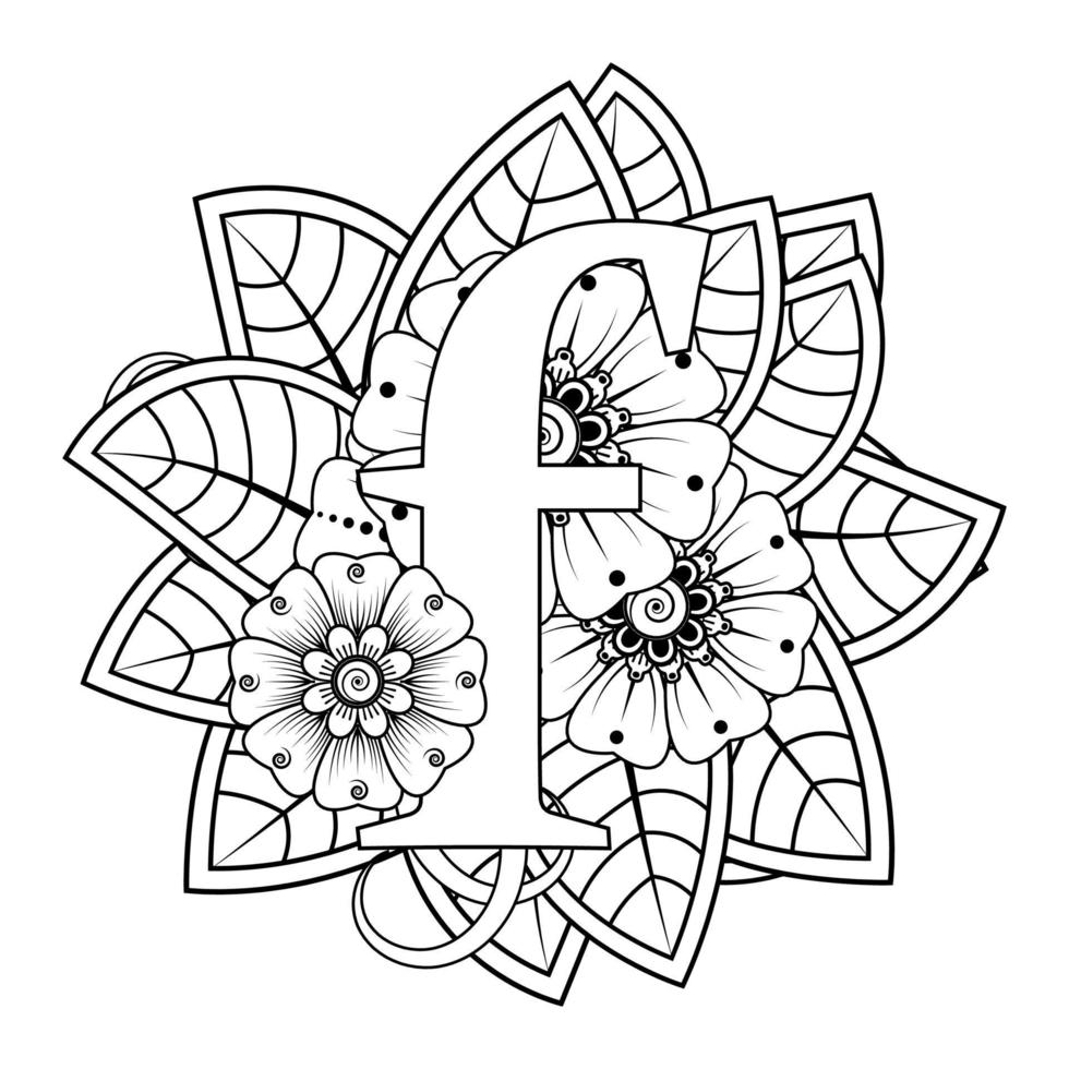 Letter F with Mehndi flower. decorative ornament in ethnic oriental vector