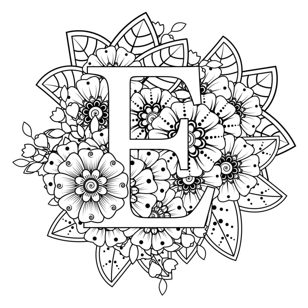 letra e con flor mehndi. adorno decorativo en etnia oriental vector