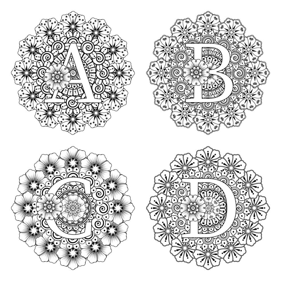 Letter ABCD with Mehndi flower. decorative ornament in ethnic oriental vector