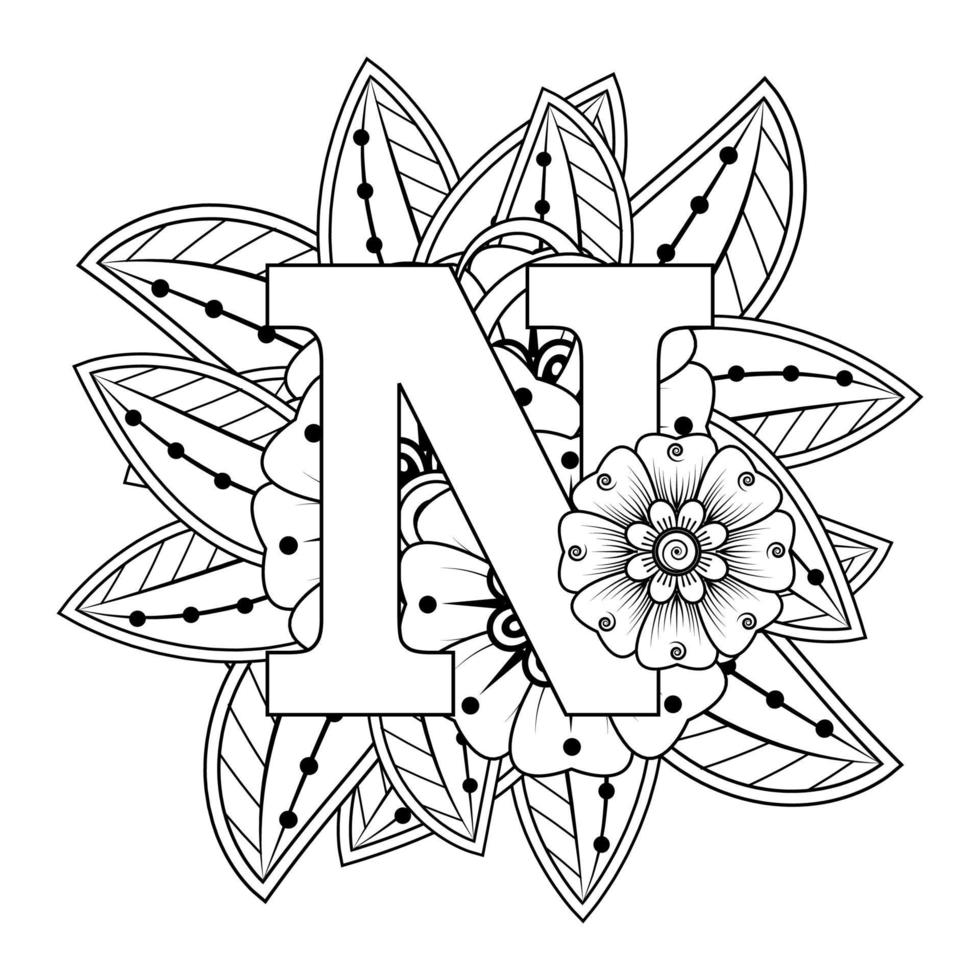 Letter N with Mehndi flower. decorative ornament in ethnic oriental vector