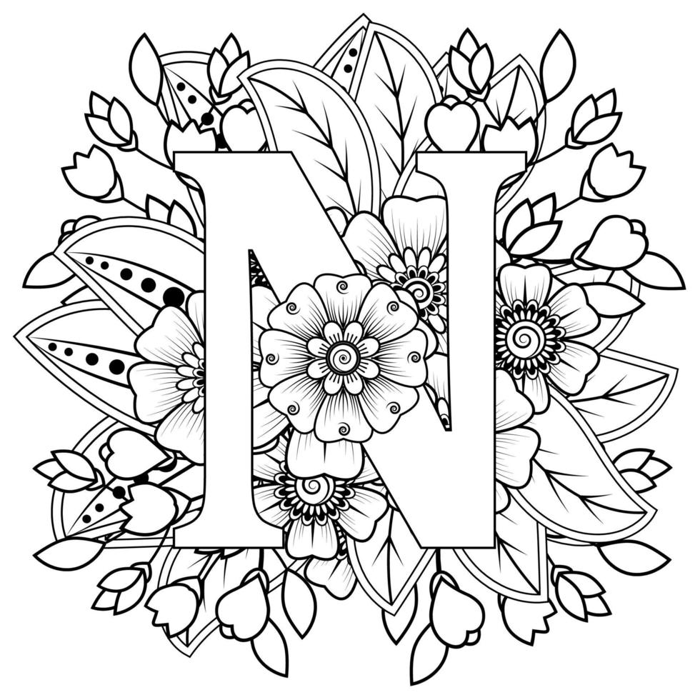 Letter N with Mehndi flower. decorative ornament in ethnic oriental vector