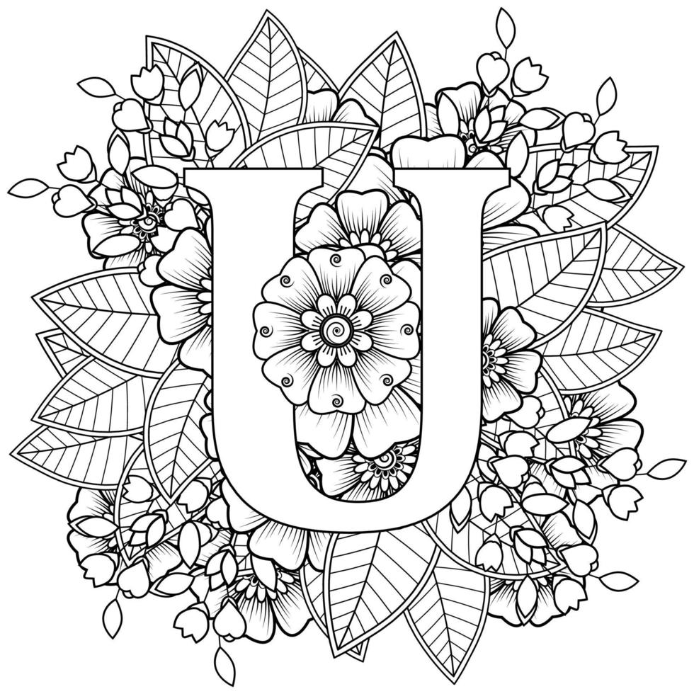 Letter U with Mehndi flower. decorative ornament in ethnic oriental vector