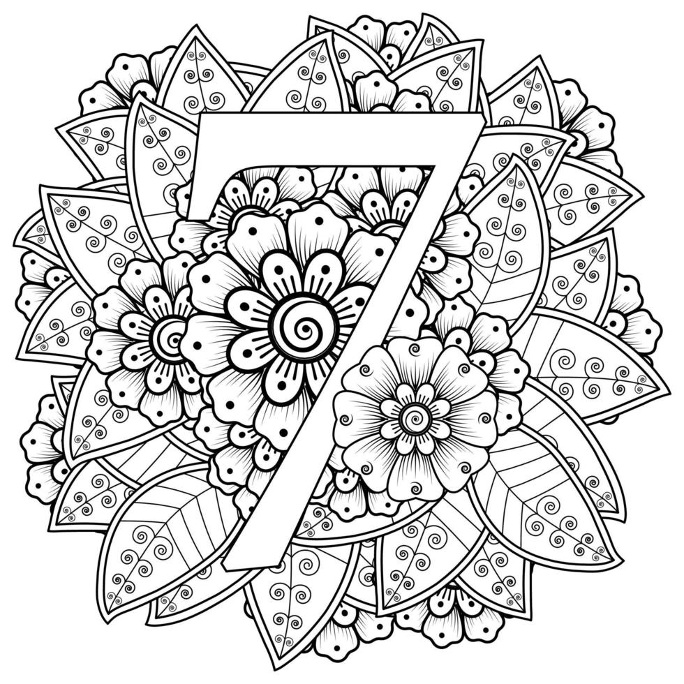 Number 7 with Mehndi flower. decorative ornament in ethnic oriental. vector