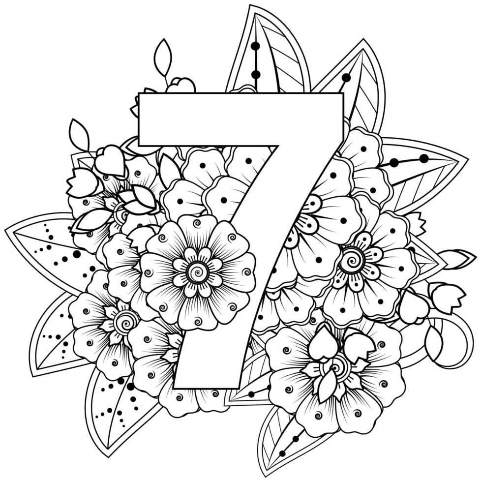 número 7 con flor mehndi. adorno decorativo en etnia oriental. vector