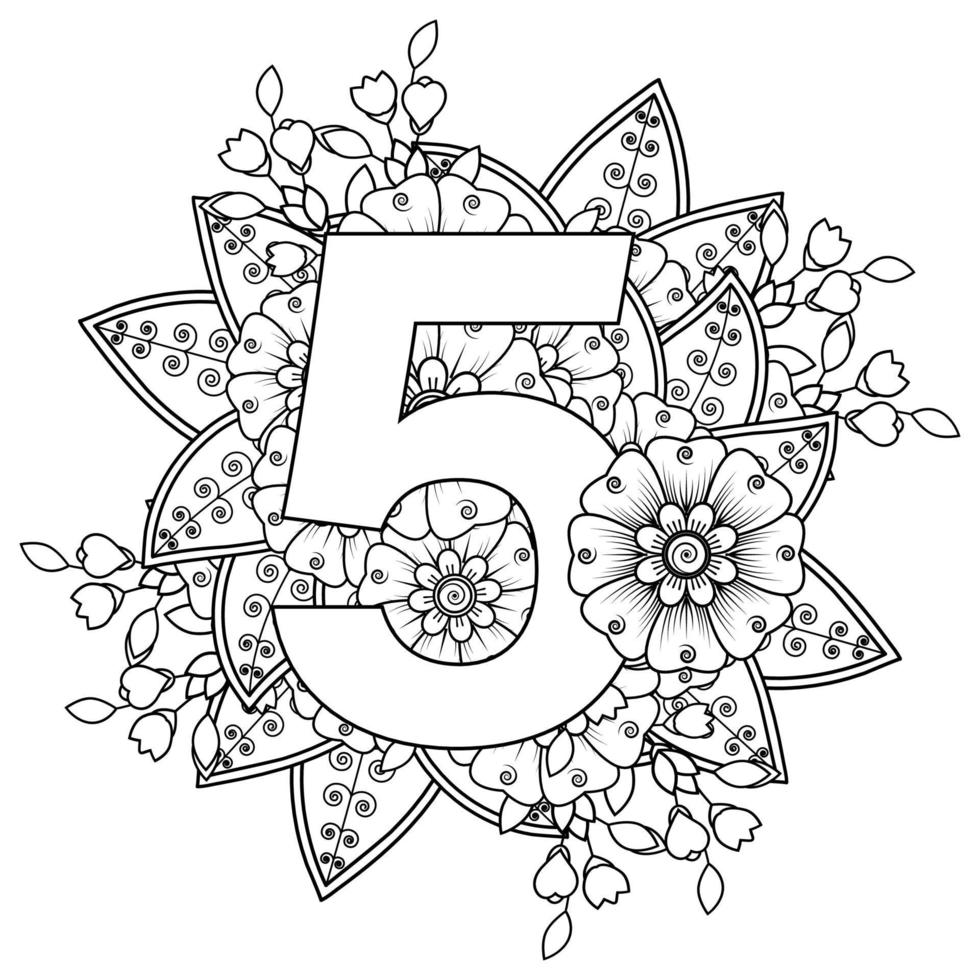 Number 5 with Mehndi flower. decorative ornament in ethnic oriental. vector