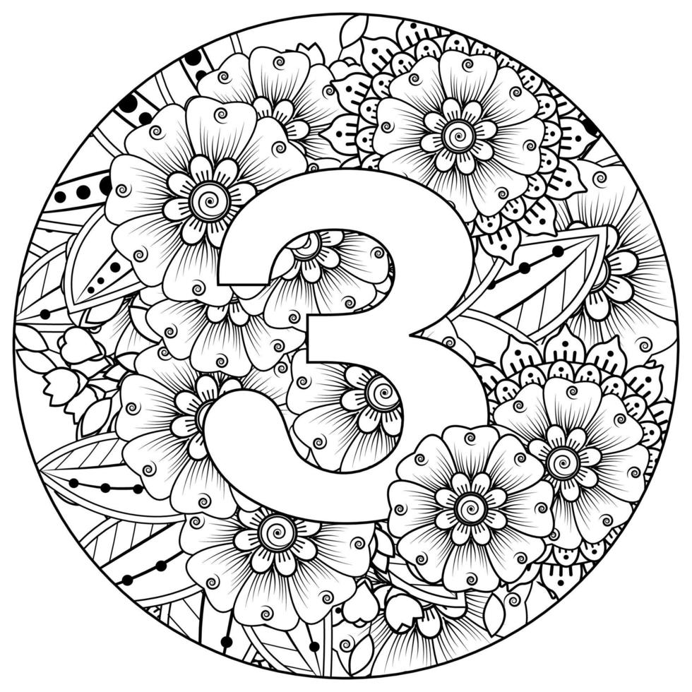 Number 3 with Mehndi flower. decorative ornament in ethnic oriental. vector