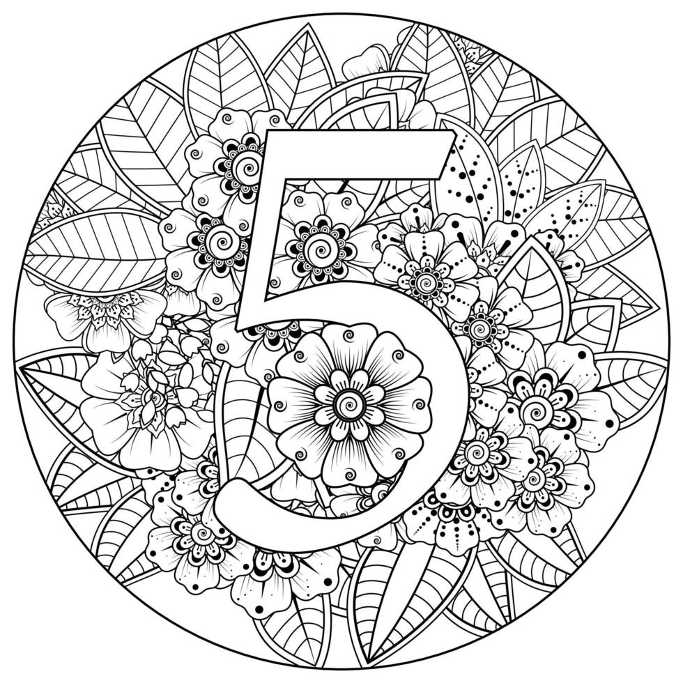 Number 5 with Mehndi flower. decorative ornament in ethnic oriental. vector