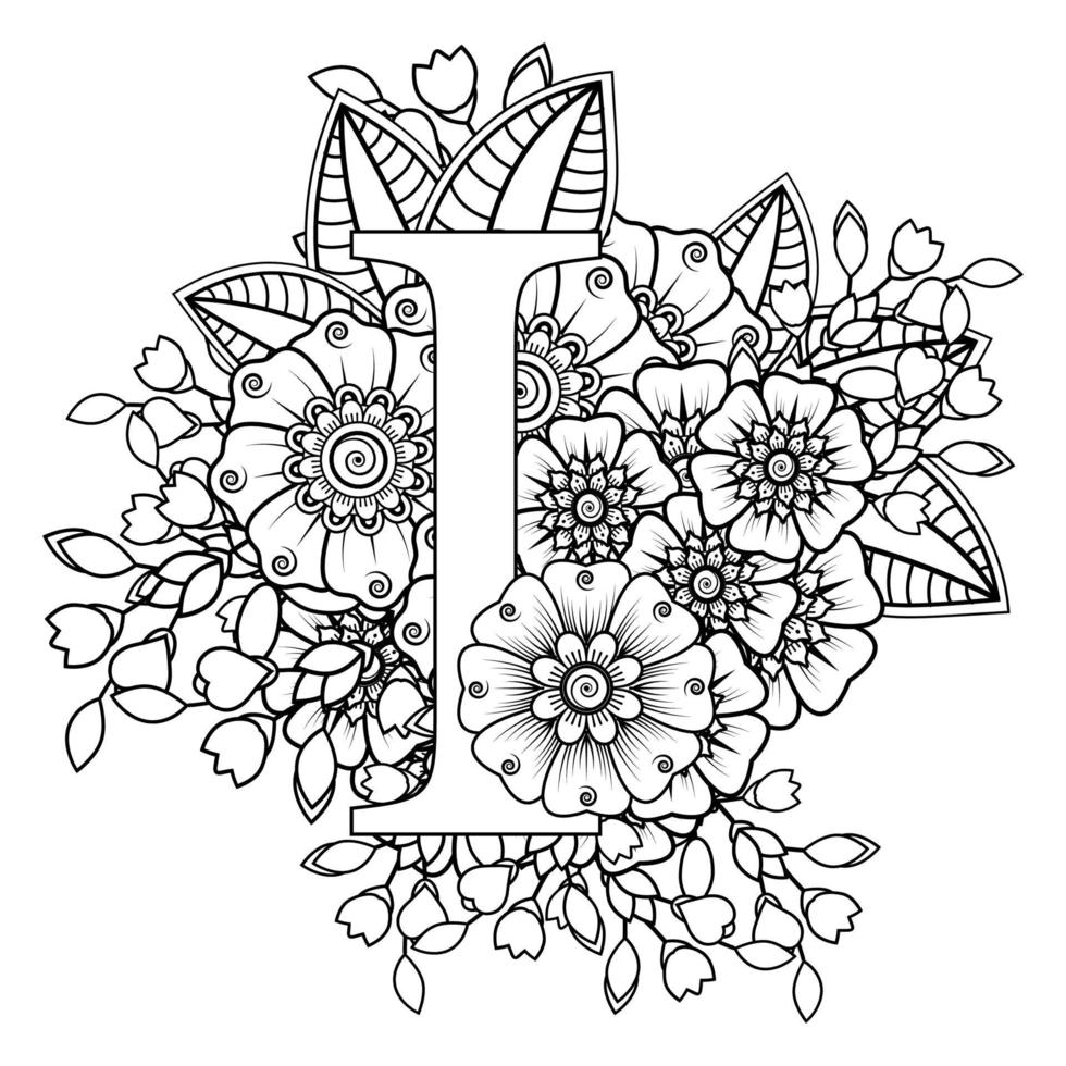 Letter I with Mehndi flower. decorative ornament in ethnic oriental vector