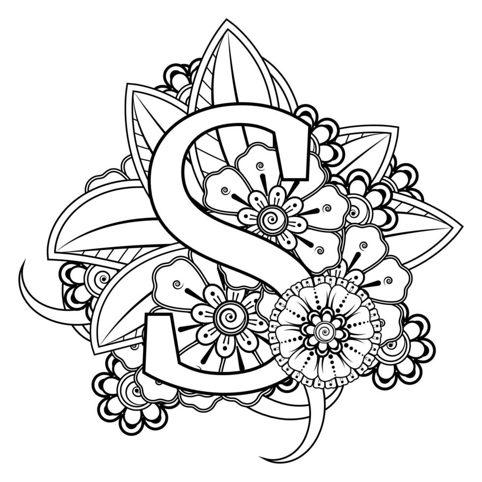 Letter S with Mehndi flower. decorative ornament in ethnic oriental vector