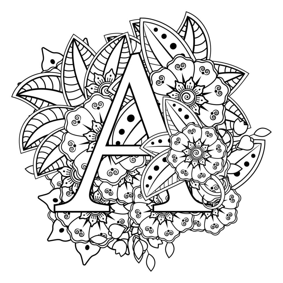 Letter A with Mehndi flower. decorative ornament in ethnic oriental vector