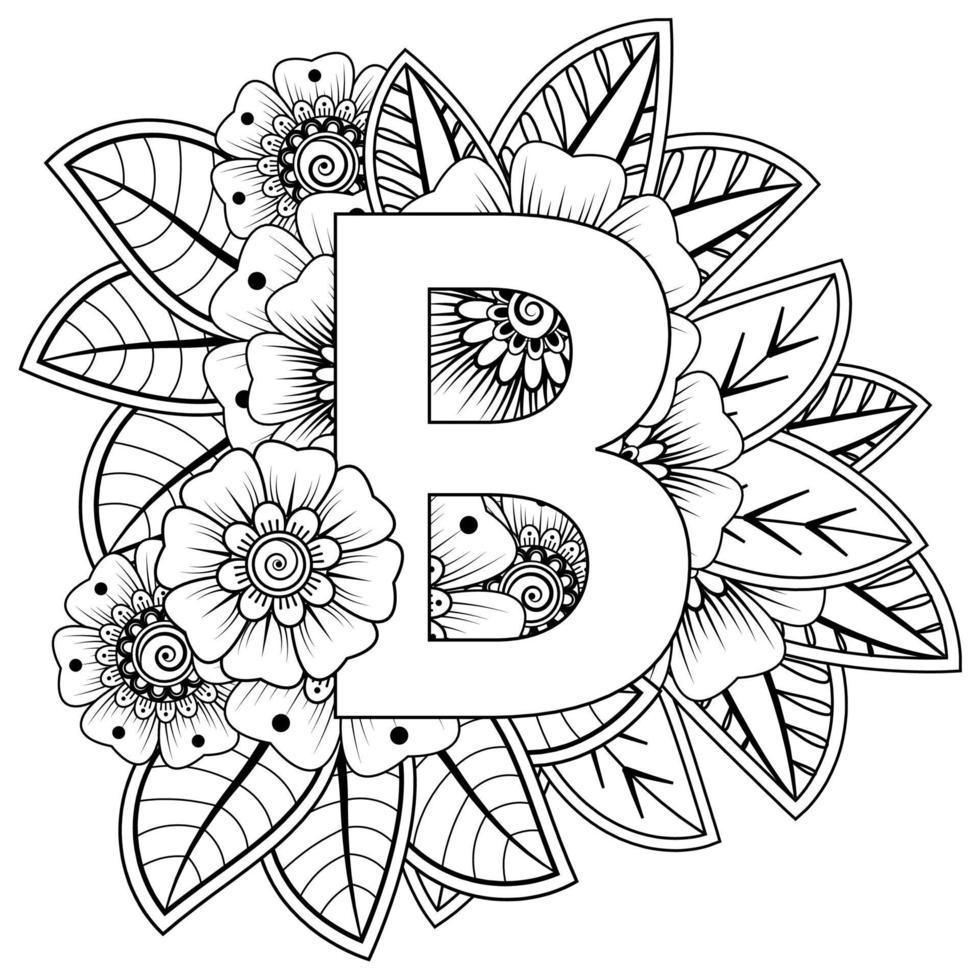 Letter B with Mehndi flower. decorative ornament in ethnic oriental vector